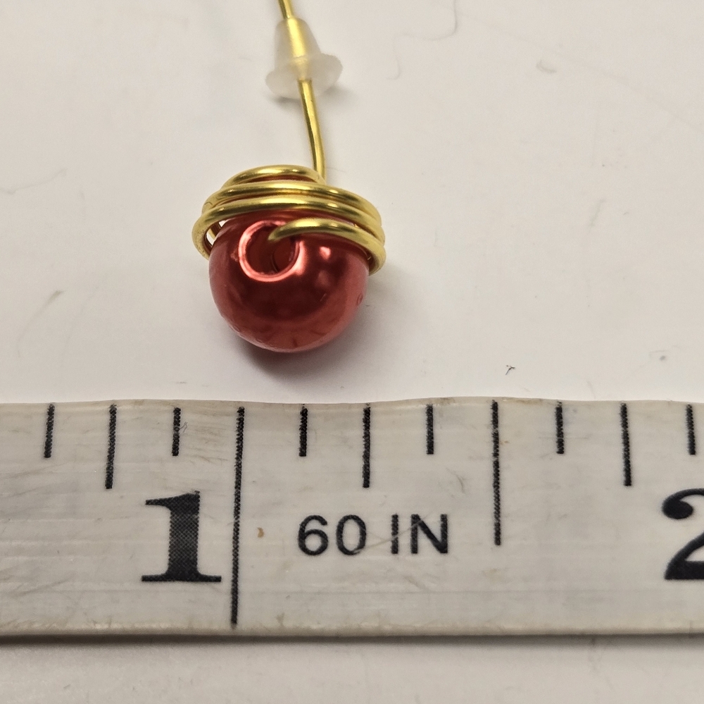 Hand Crafted Gold and Red Faux Pearl Post Earrings - Picture 6 of 10